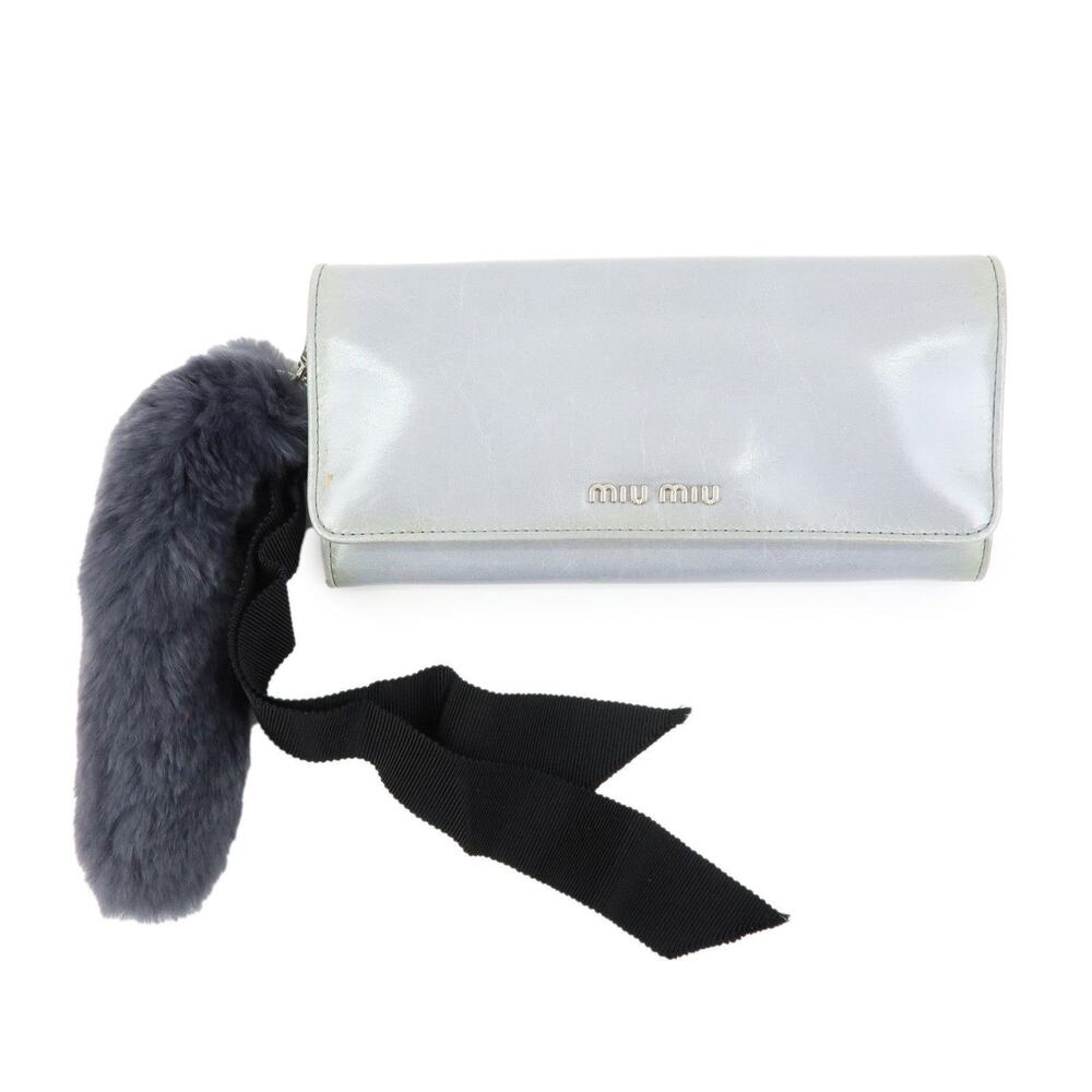 Miu Miu Vitello Shine Fur Flap Long Wallet Gray